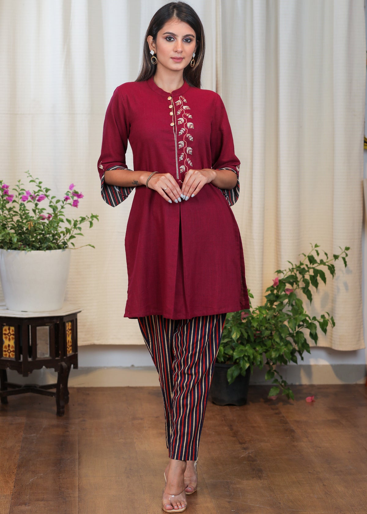 Wine Color Cotton Tunic with Beautiful Embroidery - Pant Optional