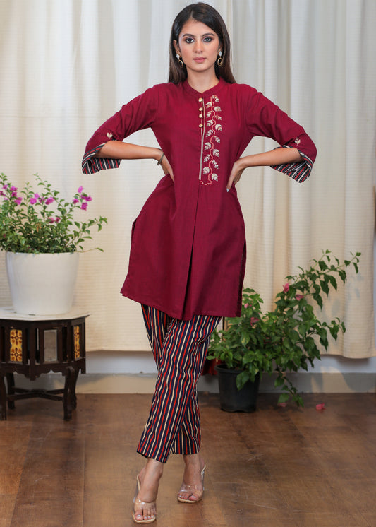 Wine Color Cotton Tunic with Beautiful Embroidery