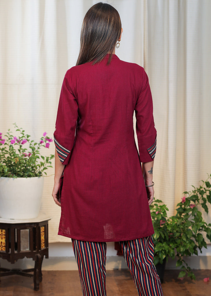Wine Color Cotton Tunic with Beautiful Embroidery