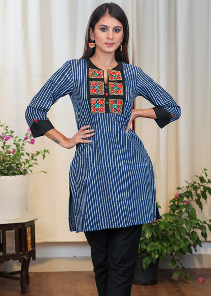 Stylish Striped Indigo Tunic With Handmade Kutch Mirror Work Embroidery