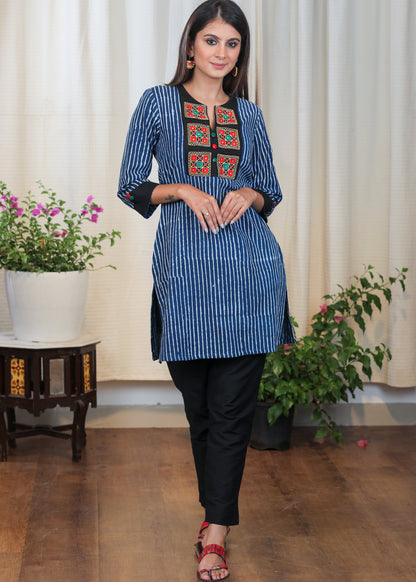 Stylish Striped Indigo Tunic With Handmade Kutch Mirror Work Embroidery