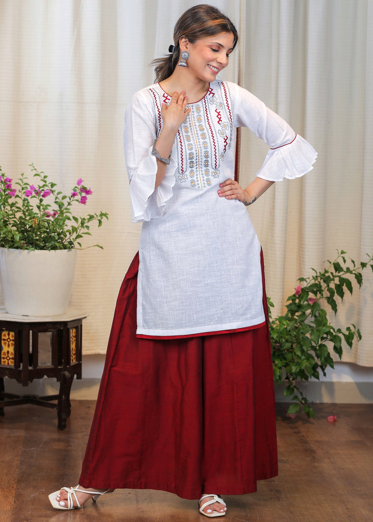 Off white Cotton Handloom Tunic With Elegant Embroidery in Contrast