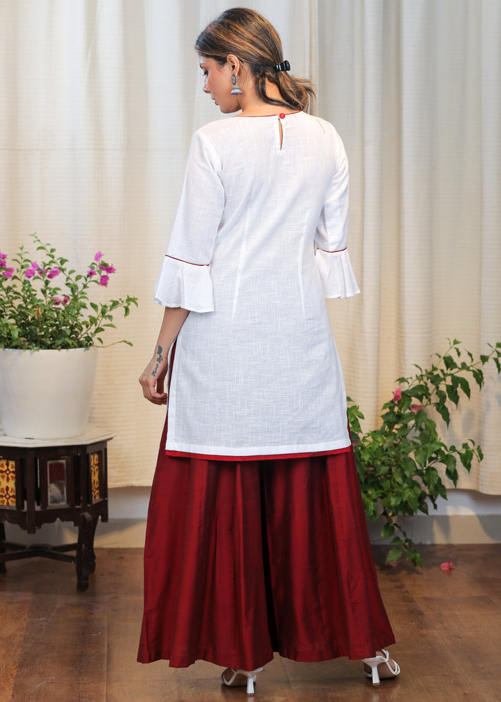 Off white Cotton Handloom Tunic With Elegant Embroidery in Contrast