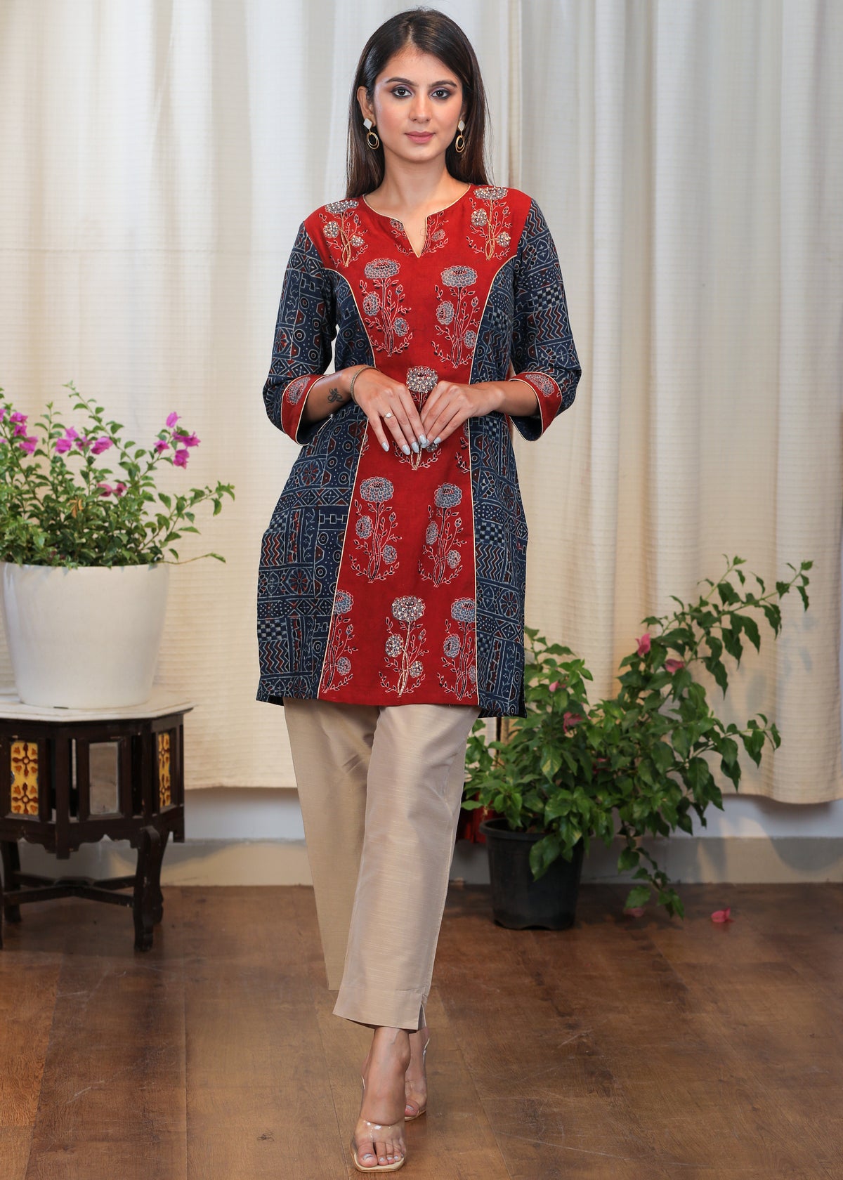 Elegant Cotton Ajrakh Combination Tunic with Moti work - Pant Optional