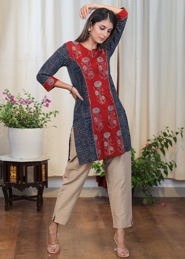 Elegant Cotton Ajrakh Combination Tunic with Moti work