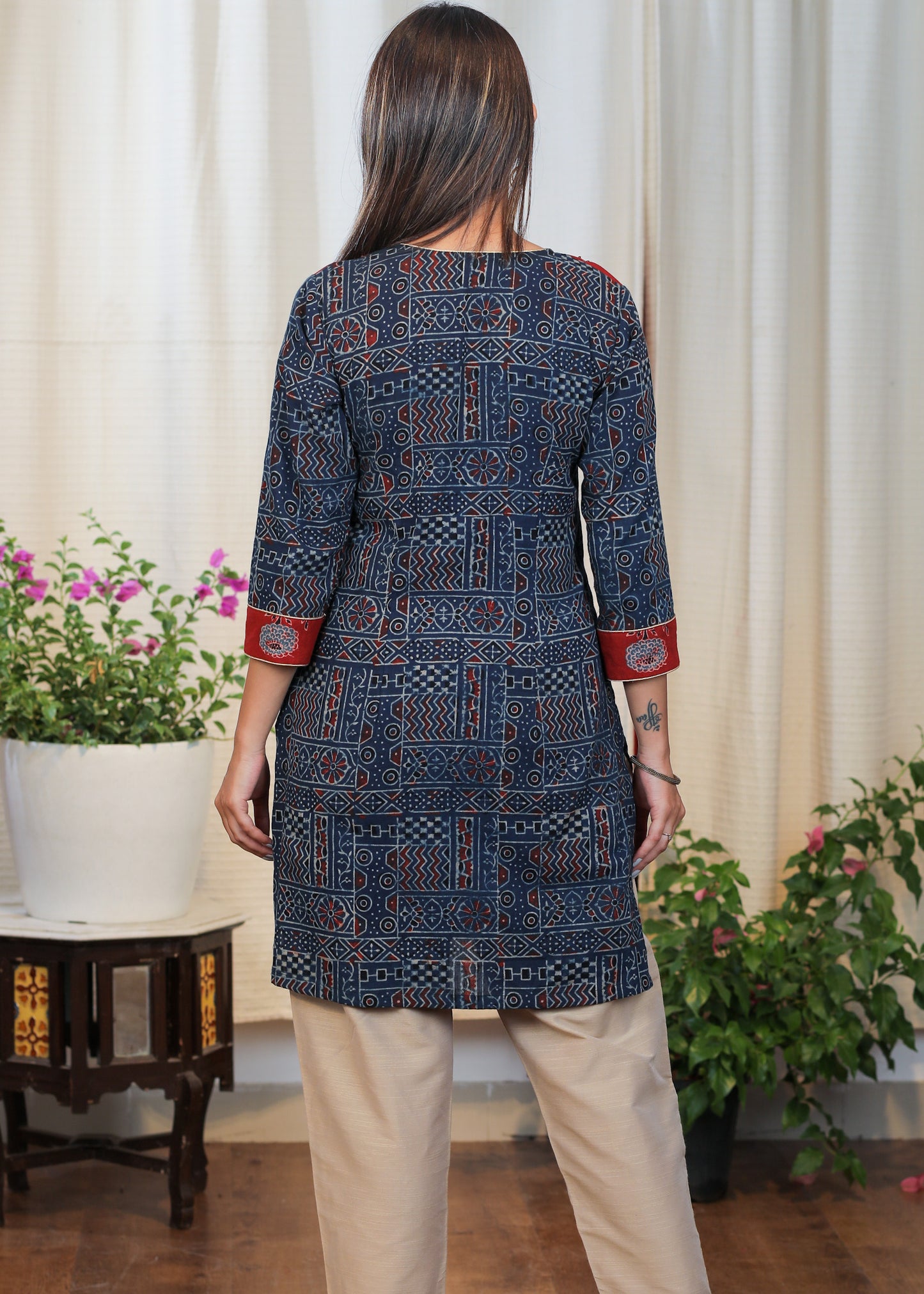 Elegant Cotton Ajrakh Combination Tunic with Moti work