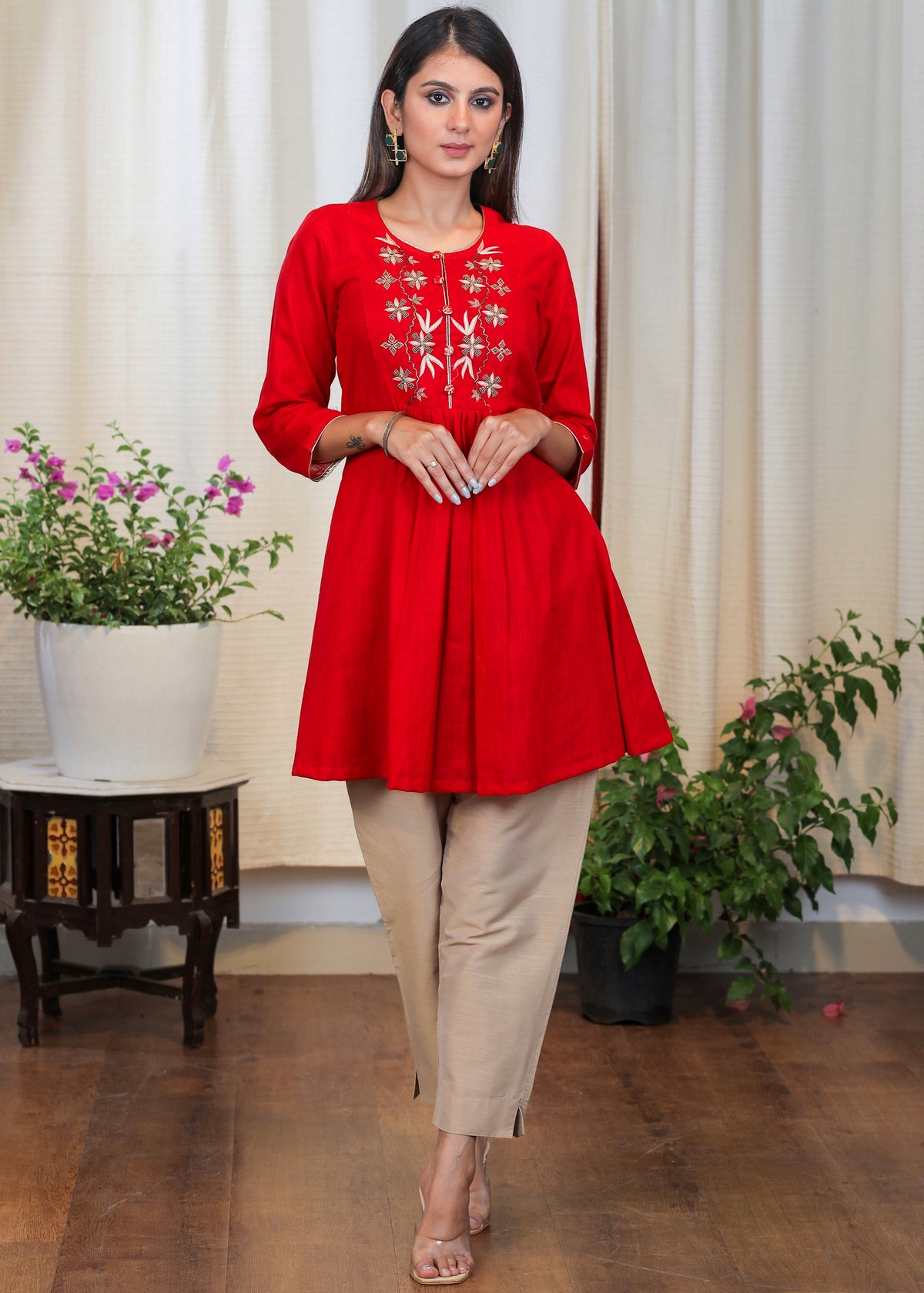 Beautiful Red Cotton Tunic with Contrast Embroidery - Pant Optional