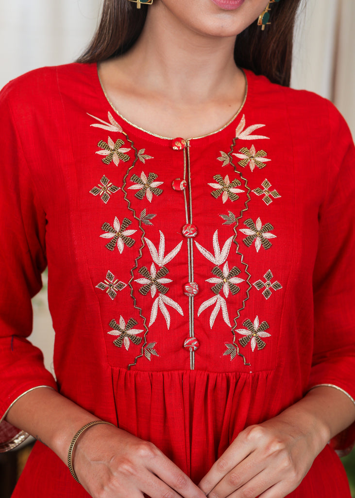 Beautiful Red Cotton Tunic with Contrast Embroidery