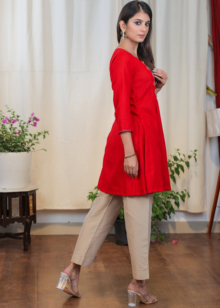 Beautiful Red Cotton Tunic with Contrast Embroidery