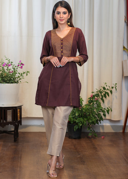 Elegant Coffee Brown Tunic With Beautifully Embroidered Yoke and Buttons