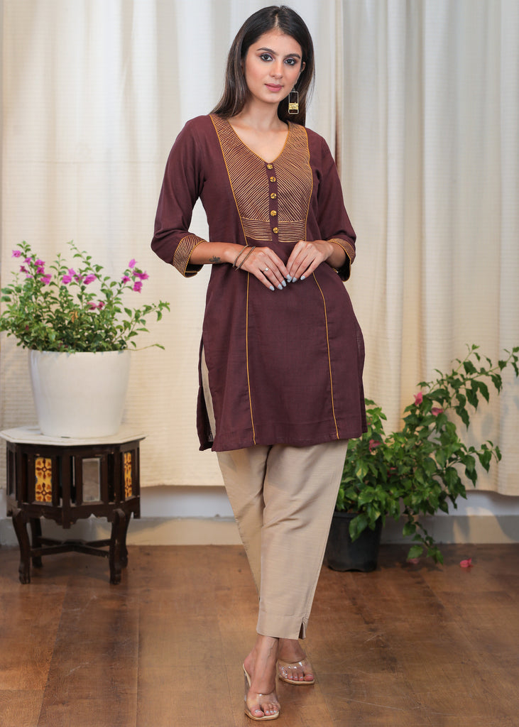Elegant Coffee Brown Tunic With Beautifully Embroidered Yoke and Buttons
