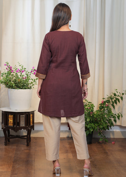 Elegant Coffee Brown Tunic With Beautifully Embroidered Yoke and Buttons