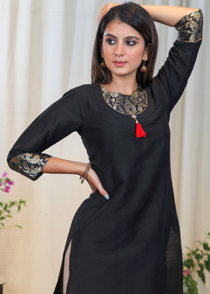 Classy Black Cotton Tunic with Pure Banarasi Details