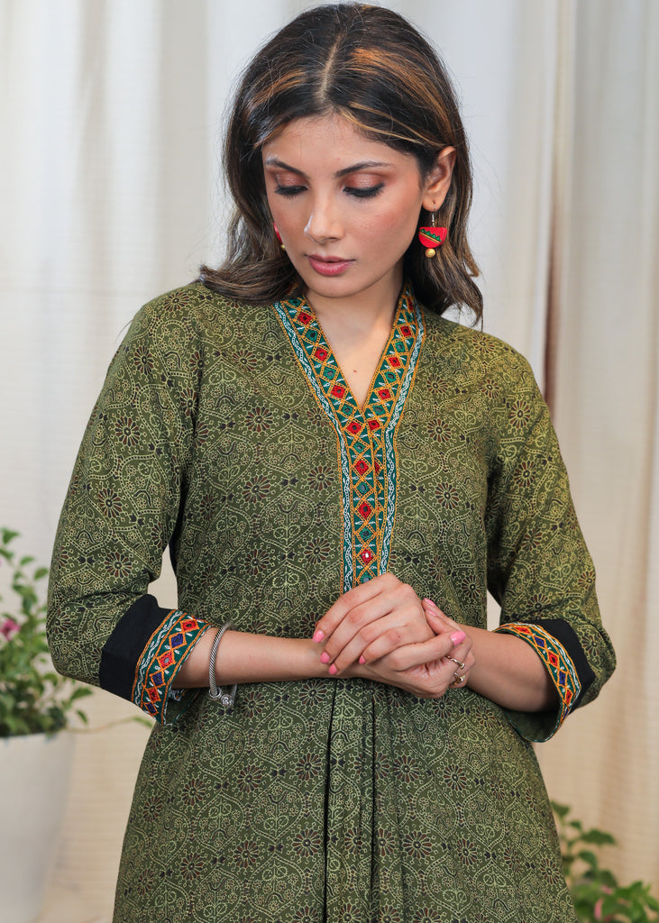 Trendy Green Ajrakh Tunic With Beautiful Handmade Kutch Mirror Embroidery