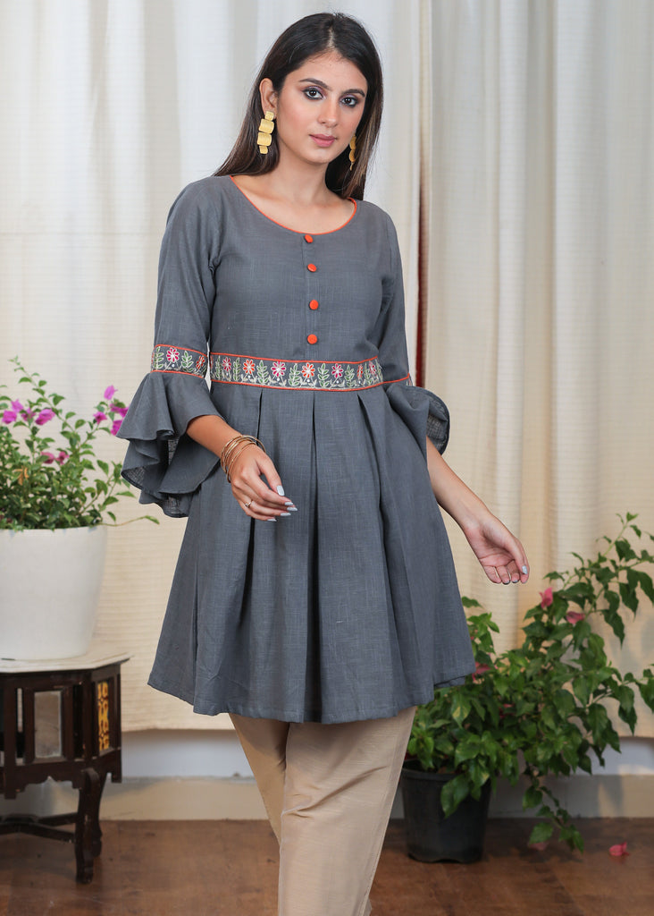 Smart Grey Cotton Tunic with Beautiful Embroidery and dramatic sleeves