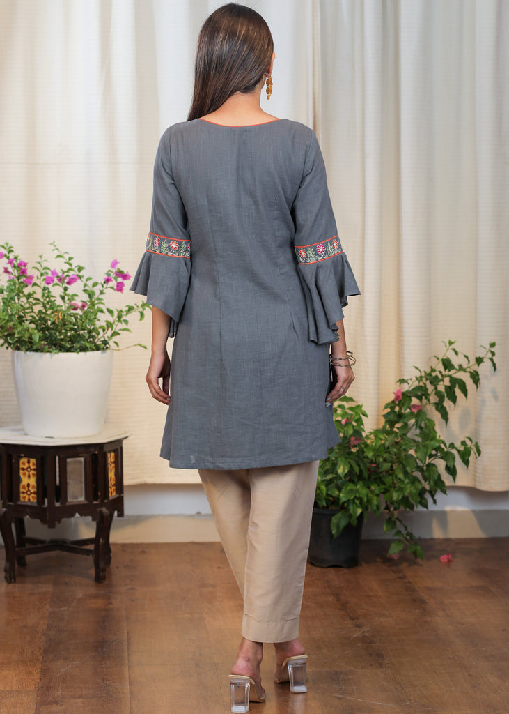 Smart Grey Cotton Tunic with Beautiful Embroidery and dramatic sleeves