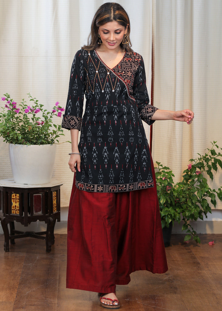 Exclusive Cotton Ikat and Ajrakh Combination Tunic With Mirror Embroidery