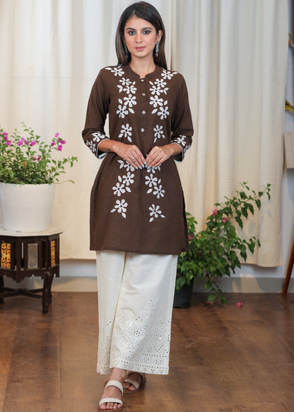 Graceful Coffee Brown Cotton Tunic with Beautiful full length Aaplic work