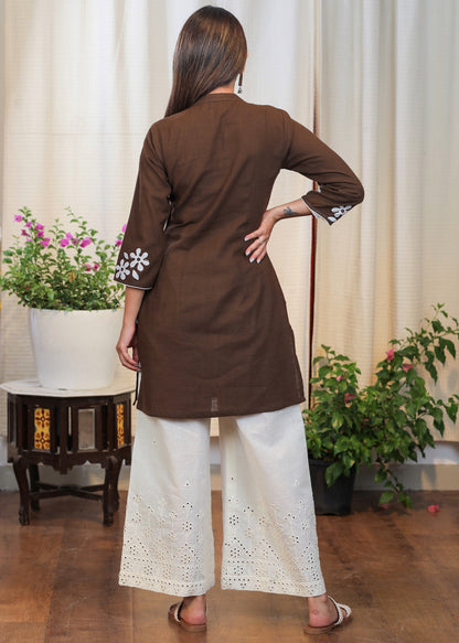 Graceful Coffee Brown Cotton Tunic with Beautiful full length Aaplic work
