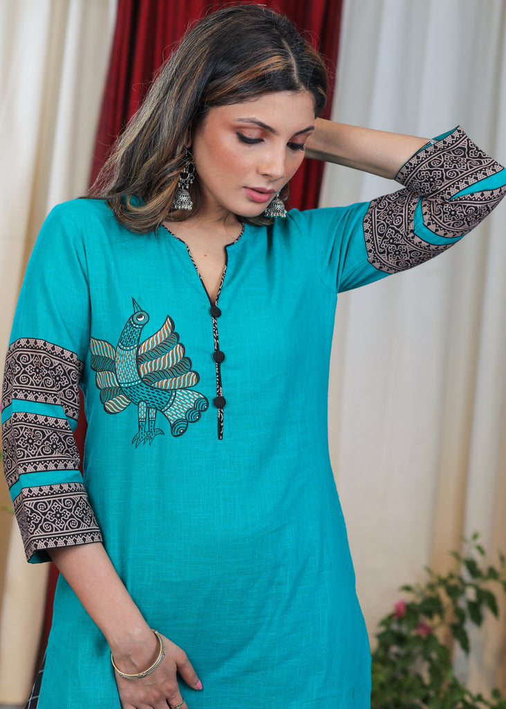 Unique Rama Colour & Ajrakh Cotton tunic with Rare Hand Painted Gond Art
