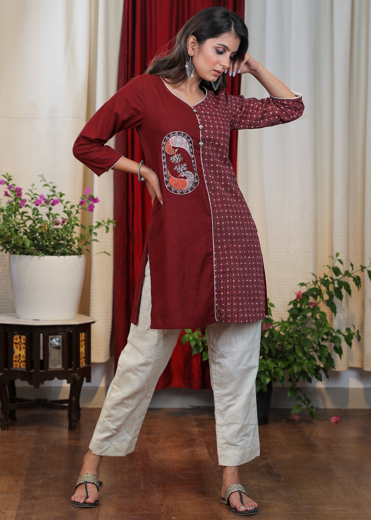 Beautiful Maroon Cotton Handloom Tunic with Rare Hand Painted Gond Art & wooden Buttons - Pant Optional