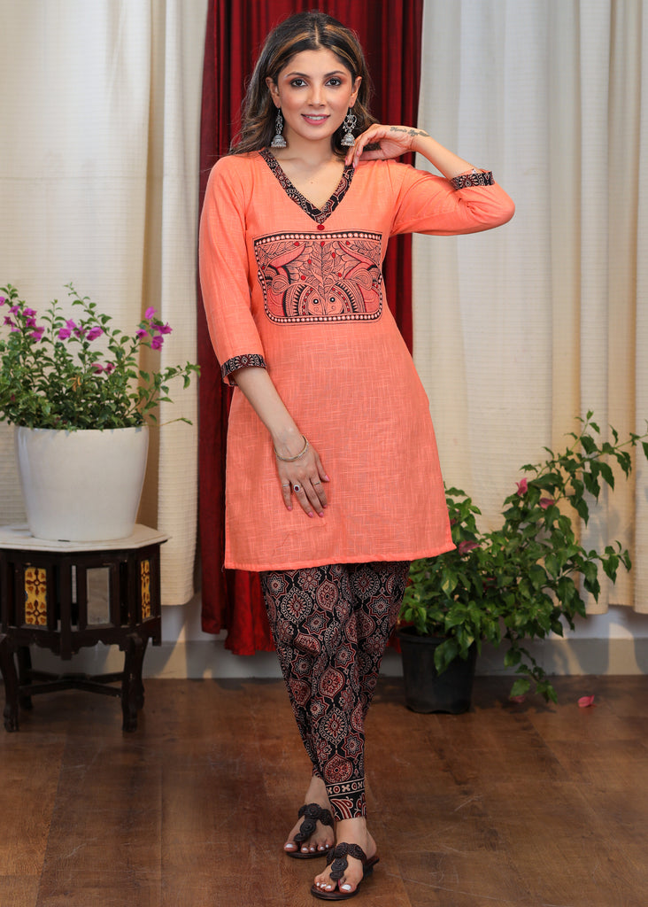 Peach Cotton Handloom Tunic with Elegant Hand painted Madhubani Art