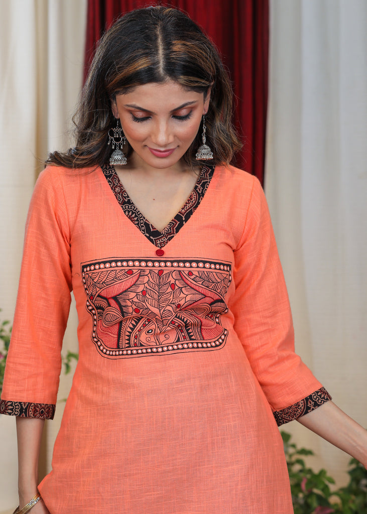 Peach Cotton Handloom Tunic with Elegant Hand painted Madhubani Art