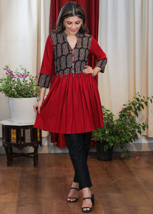 Striking Maroon Cotton Ajrakh Combination Tunic With Buttons and Tassles