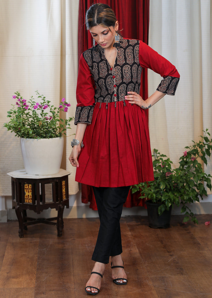 Striking Maroon Cotton Ajrakh Combination Tunic With Buttons and Tassles