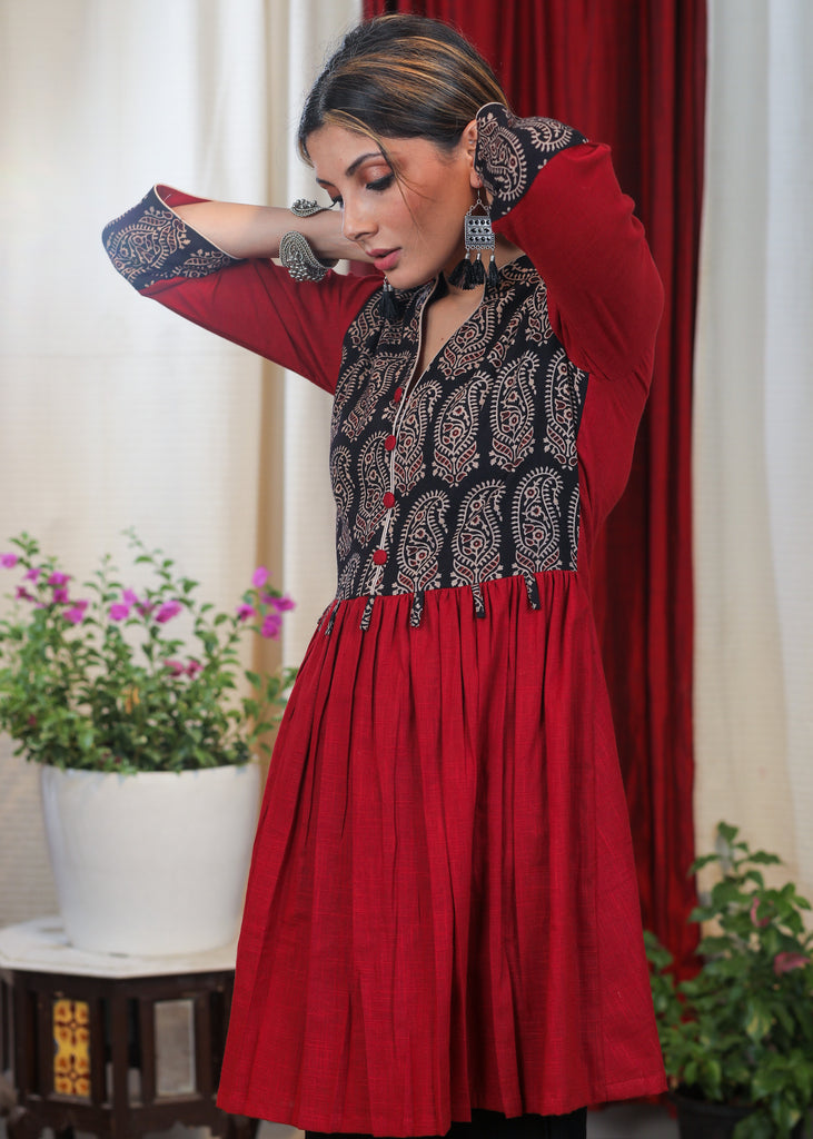 Striking Maroon Cotton Ajrakh Combination Tunic With Buttons and Tassles