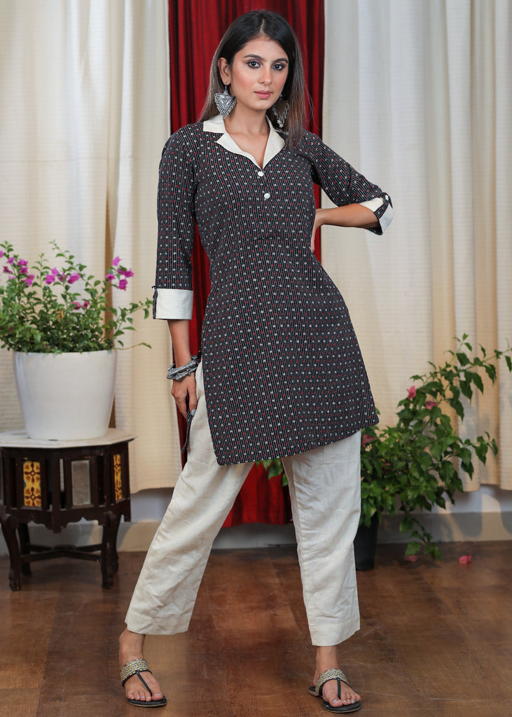Beautiful Cotton Kantha Stitch Print Tunic with Contrast Details