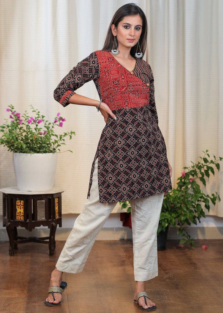 Stylish Cotton Ajrakh Overlapping Tunic with Buttons to Highlight