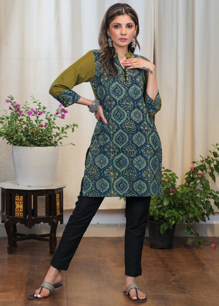 Elegant Green & Blue Cotton Ajrakh Combination Tunic