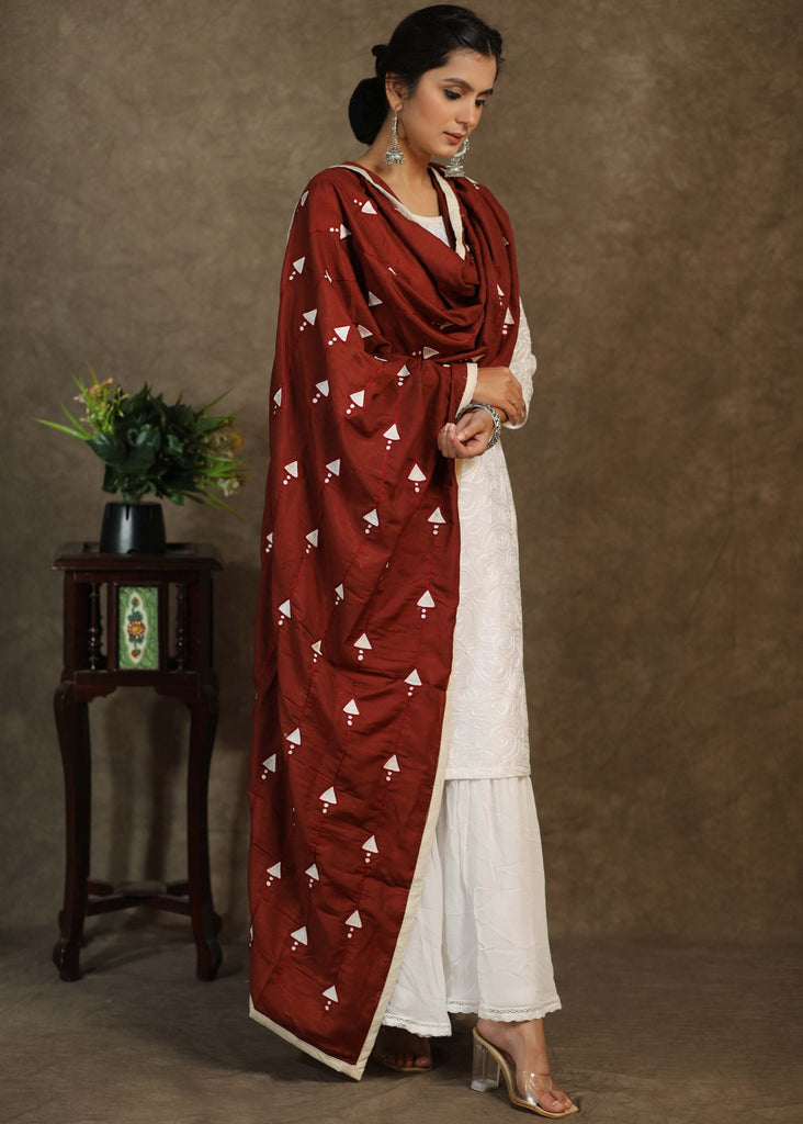 Maroon semi-silk dupatta with elegant embroidery