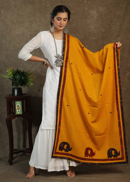 Beautiful mustard dupatta with Ajrakh elephant Applica work