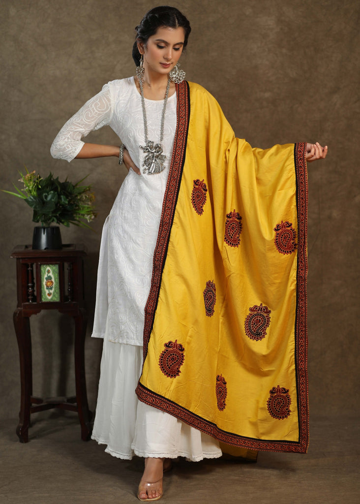 Yellow semi silk dupatta with elegant Ajrakh combination