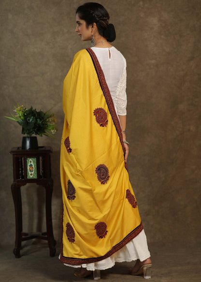 Yellow semi silk dupatta with elegant Ajrakh combination