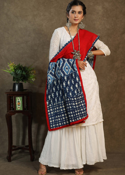 Exclusive red cotton dupatta with Indigo combination