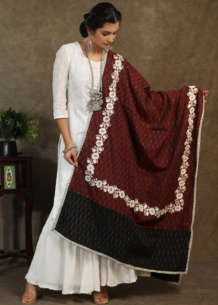 Red and black Ikkat combination dupatta with intricate embroidery