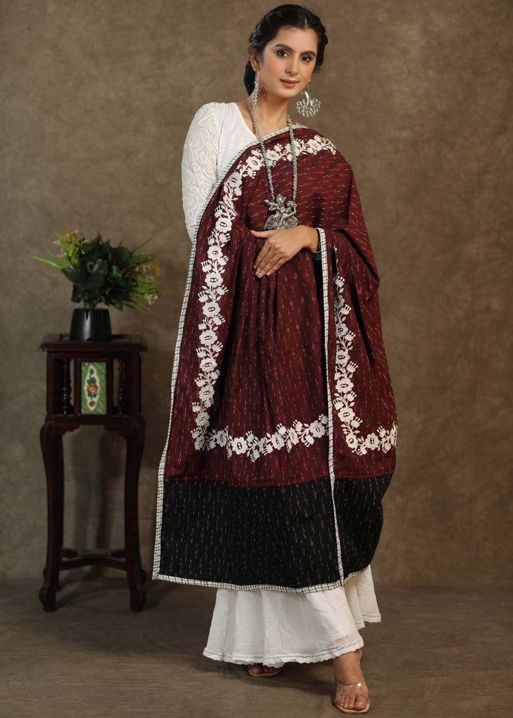Red and black Ikkat combination dupatta with intricate embroidery