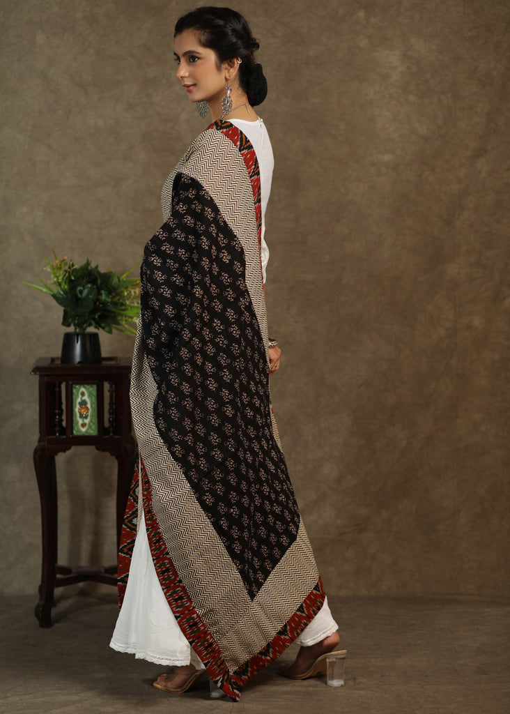 Beautiful black Ajrakh dupatta with multicolor Ikkat border