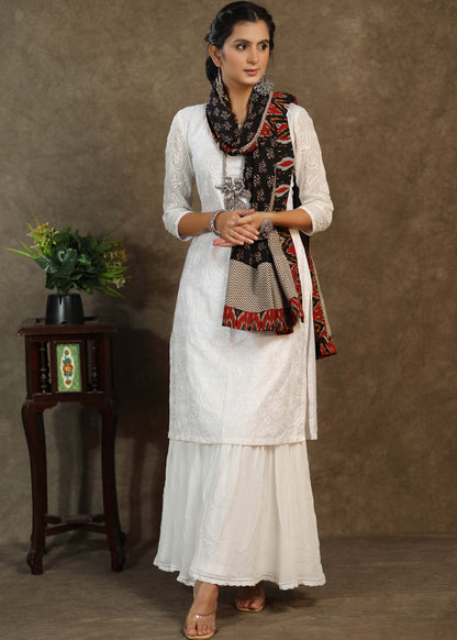 Beautiful black Ajrakh dupatta with multicolor Ikkat border