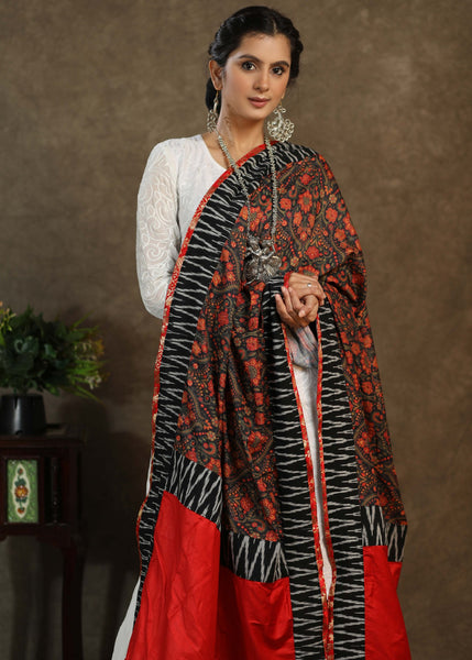 Red print dupatta with black Ikkat and gota-patti border