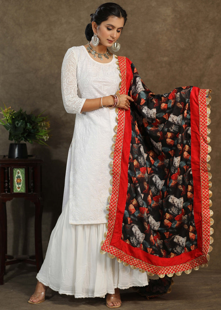 Printed red dupatta with exclusive gota-patti lace