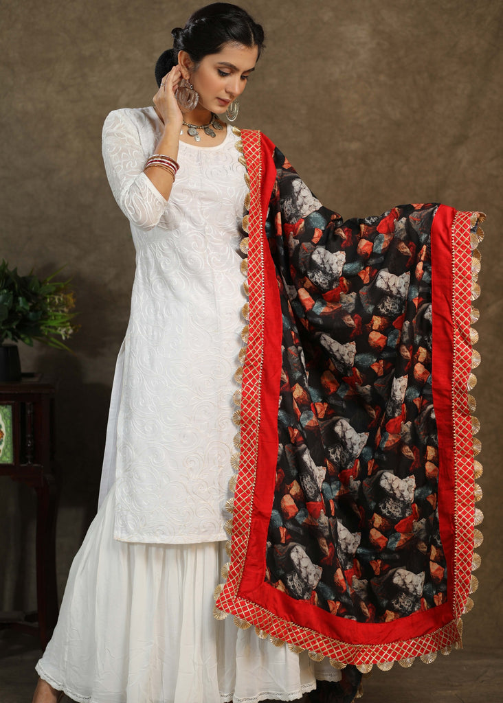 Printed red dupatta with exclusive gota-patti lace