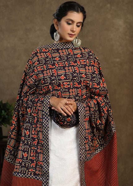 Classy animal print dupatta with Ajrakh combination and blue border