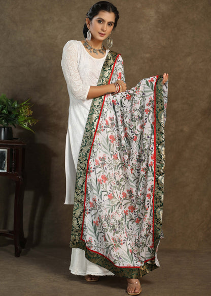 White print dupatta with green Banarasi border