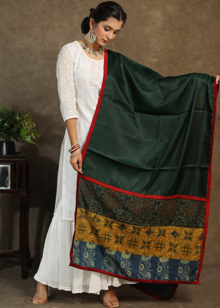 Satin green dupatta with exclusive Ajrakh combination