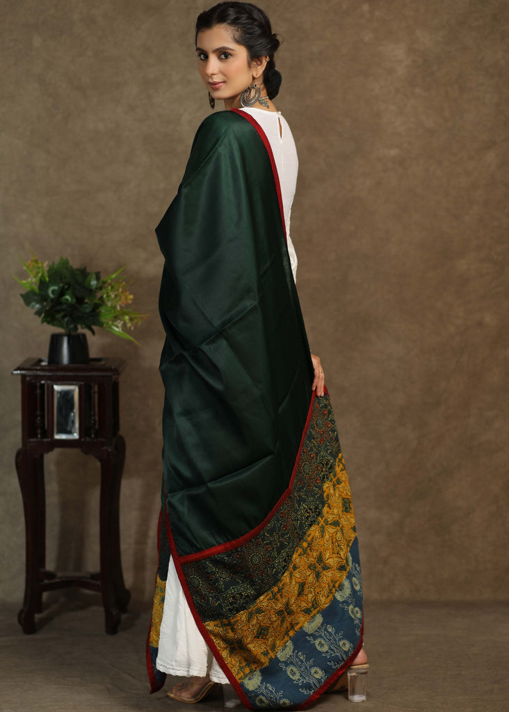 Satin green dupatta with exclusive Ajrakh combination