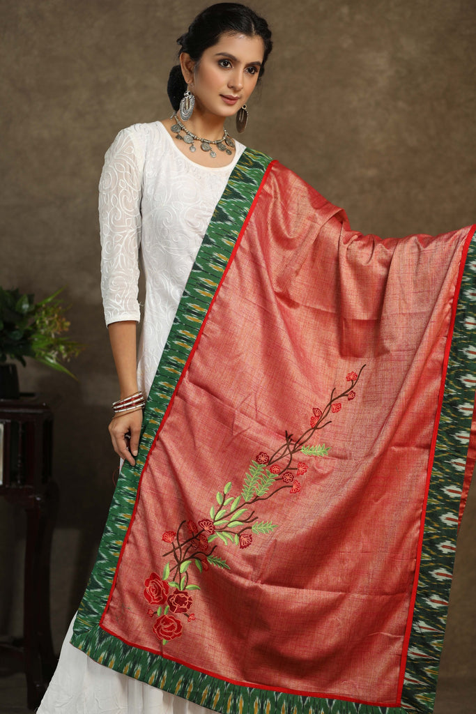 Semi-silk pink dupatta with delicate embroidery and green Ikkat border